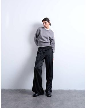 TOPSHOP Satin Wrap Around With Lace Wide Leg Trouser - Blue