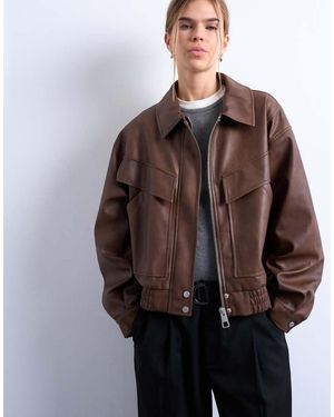 TOPSHOP Faux Leather Boxy Zip Through Pocket Bomber Jacket - Brown