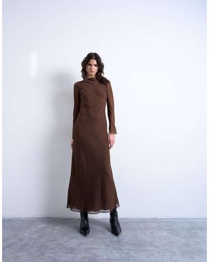 TOPSHOP Slash Neck Chiffon Maxi Dress - Brown