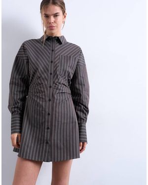 TOPSHOP Gathe Waist Long Sleeve Shirt Dress - Grey