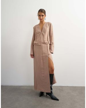 TOPSHOP Viscose Satin Stripe Dropped Waist Long Sleeve Wrap Front Maxi Dress - Natural