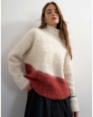 TOPSHOP Knitted High Neck Hairy Oversized Abstract Print Jumper - Red