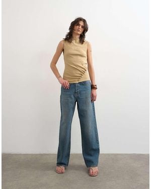 TOPSHOP Button Detail Slash Neck Ribbed Top - Natural