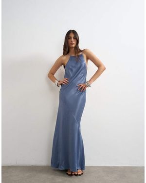 TOPSHOP Satin Bias Halter Neck Open Scoop Back Maxi Dress - Blue