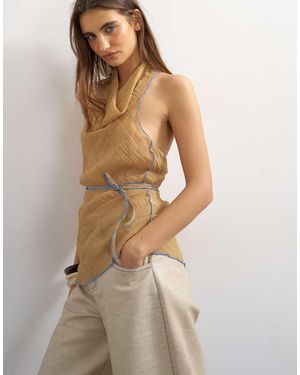 TOPSHOP Crinkle Halter Top With Contrast Trim - Natural
