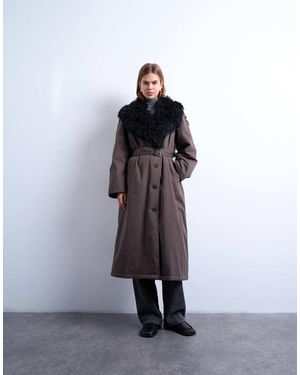TOPSHOP Faux Fur Collar Belted Mac - Brown