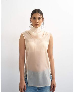 TOPSHOP Organza Collapsed Funnel Neck Top - Natural