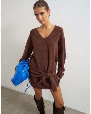 TOPSHOP Knitted Tie Front Long Line Mini Jumper Dress - Brown