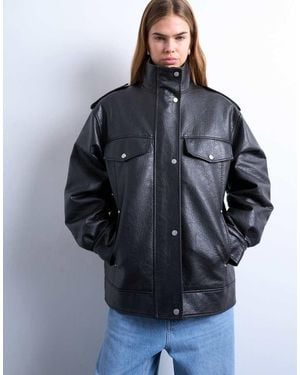 TOPSHOP Leather Look Oversized Funnel Neck Zip Through Jacket - Blue