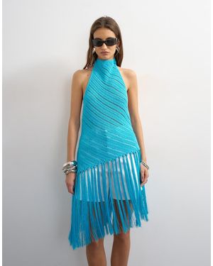 TOPSHOP Knitted Halterneck Longline Fringing Tunic - Blue