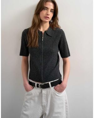 TOPSHOP Knitted Zip Through Polo Top - Black