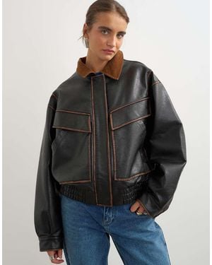 TOPSHOP Faux Leather Contrast Rib Collar Bomber Jacket - Black