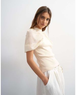 TOPSHOP Knitted Short Sleeve Sheer Gathered Top - White