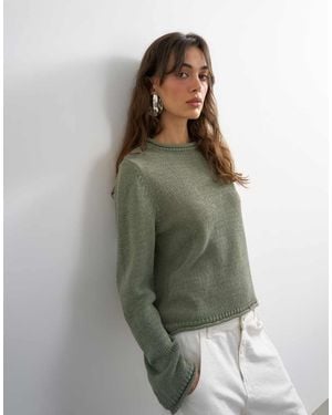 TOPSHOP Knitted Long Sleeve Top With Roll Hem Trims - Green