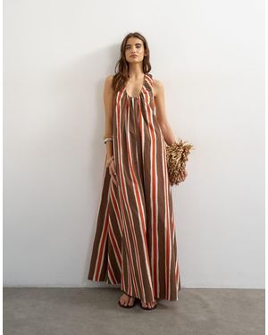 TOPSHOP Cotton Poplin Ruched Neck Maxi Sundress - Brown
