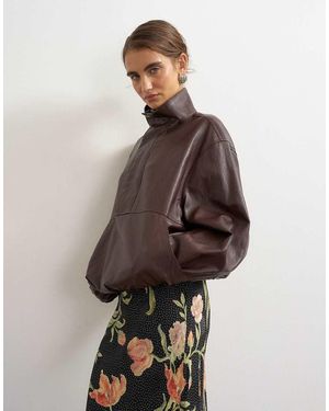 TOPSHOP Co-ord Faux Leather Funnel Neck Bubble Hem Top - Brown