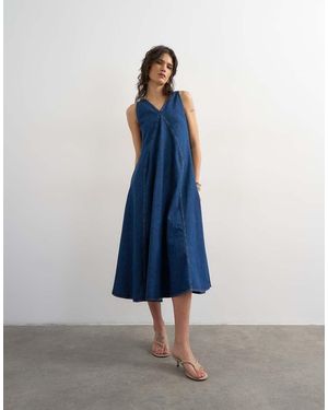 TOPSHOP Denim V Neck Seamed Full Maxi Dress - Blue