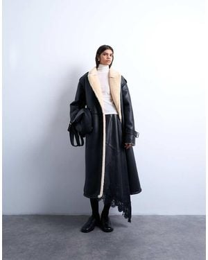 TOPSHOP Longline Oversized Funnel Aviator Borg Coat - Blue