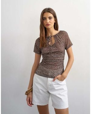 TOPSHOP Polka Dot Mesh Key Hole Detail Short Sleeve Top - Brown