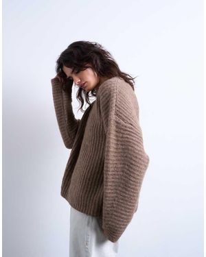 TOPSHOP Knitted Ribbed Balloon Sleeve Jumper - Brown