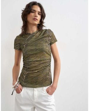 TOPSHOP Mesh Ruched Wrap Short Sleeve Top - Green
