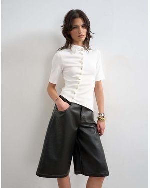 TOPSHOP High Neck Ruffle Button Through Half Sleeve Top - White
