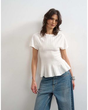 TOPSHOP Knitted Grown On Short Sleeve Peplum Top - White