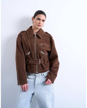 TOPSHOP Faux Suede Low Belted Biker Jacket - Brown