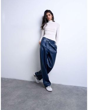 TOPSHOP Faux Leather High Waist Pleated Straight Leg Trouser - Blue