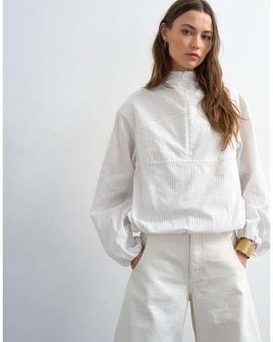 TOPSHOP Stripe Zip Long Sleeve Cuffed Top - White