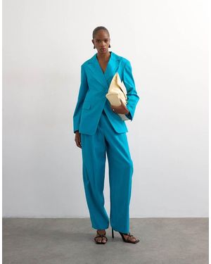 TOPSHOP Linen Blend Occasion Barrel Trousers - Blue