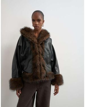 TOPSHOP Faux Leather Fur Trim Jacket - Black