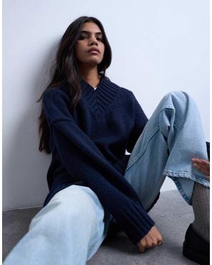 TOPSHOP Knitted High V-Neck Oversized Longline Jumper - Blue