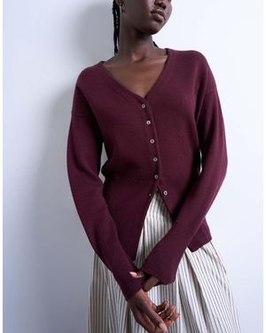 TOPSHOP Knitted V Neck Longline Clean Cinch Waist Cardigan - Purple