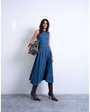 TOPSHOP Denim Dropped Waist Seam Detail Maxi Dress - Blue