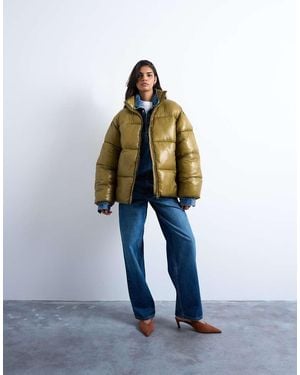 TOPSHOP High Shine Mid Length Funnel Neck Puffer Jacket - Blue
