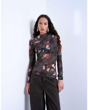 TOPSHOP Mesh Floral Print Ruched Long Sleeve Top - Black