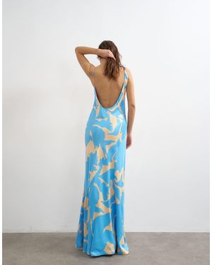 TOPSHOP Satin Bias Halter Neck Open Scoop Back Maxi Dress - Blue