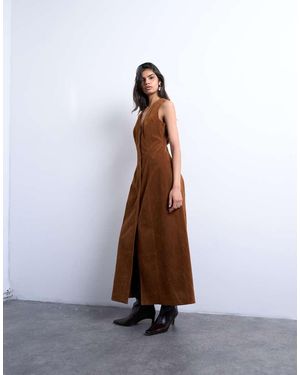 TOPSHOP Faux Suede Hidden Button Plaquette Midi Dress - Brown
