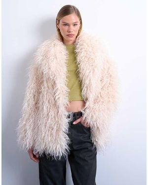 TOPSHOP Mongolian Faux Fur Funnel Neck Mid Length Coat - White