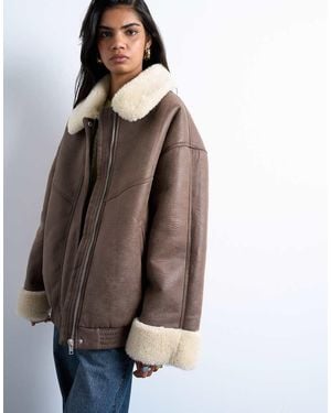 TOPSHOP Vintage Washed Faux Shearling Super Oversized Bomber Jacket - Brown