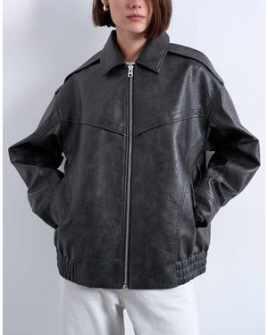 TOPSHOP Oversized Faux Leather Bubble Vintage Wash Seam Detail Zip Thru Bomber Jacket - Black