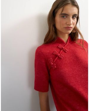 TOPSHOP Knitted Deep Rib Mandarin Collar Short Sleeve Top With Wool - Red