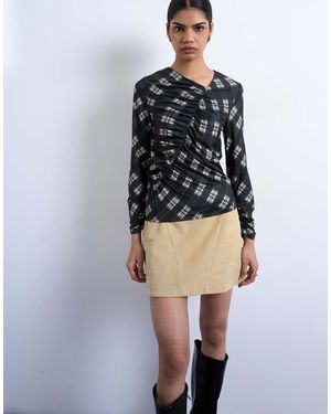 TOPSHOP Check Print Ruched Asymmetric Long Sleeve Top - Black