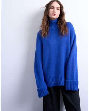 TOPSHOP Oversized High Neck Longline Knit Jumper With Neck Detail - Blue
