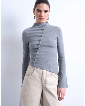 TOPSHOP High Neck Ruffle Button Long Sleeve Top - Blue