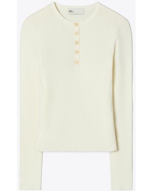 Tory Burch Damen Geripptes Henley-Top Aus Viskose - Weiß