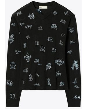Tory Burch Damen Bestickter Seidenpullover - Schwarz