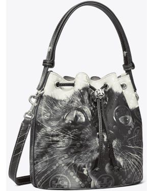 Tory Burch T Monogram Cat Print Bucket Bag - White