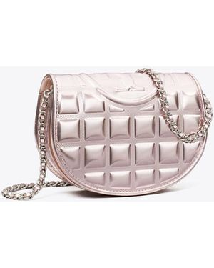 Tory Burch Mini Fleming Metallic Square Quilt Chain Wallet - Pink